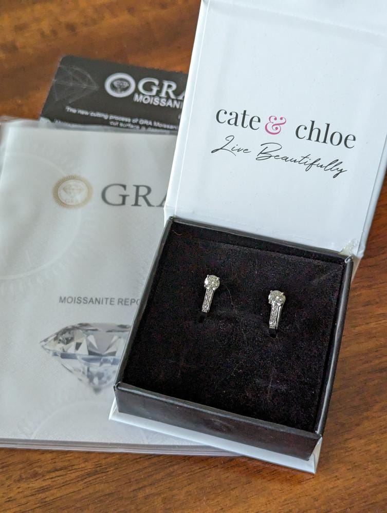 Customer photo review of Moissanite by Cate & Chloe Genesis 18k Gold Plated 925 Sterling Silver Stud Earrings 1.12tcw