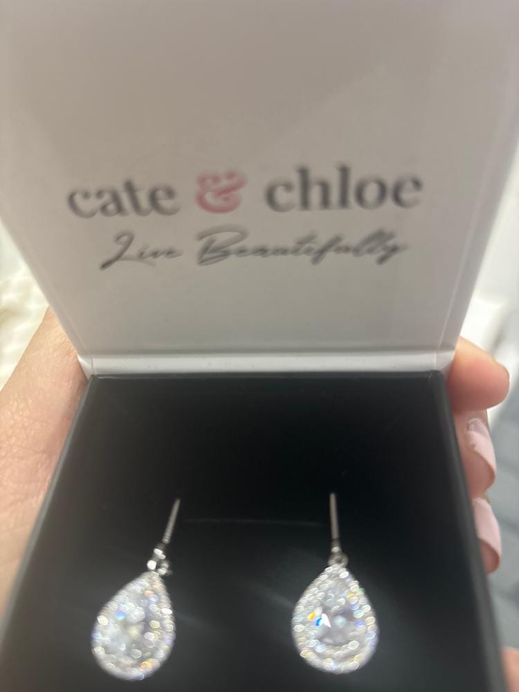 Customer photo review of Aurelia 18k White Gold Plated Tear Drop Earrings with Simulated Diamond Crystals