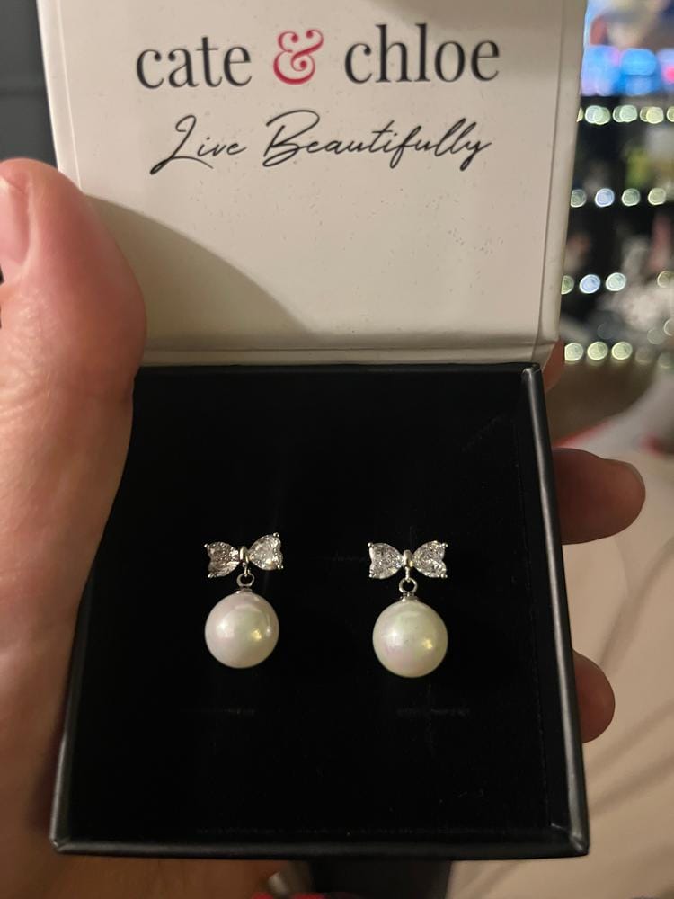 Customer photo review of Oakley 18k White Gold Plated Silver Drop Pearl Earrings with Swarovski Crystals