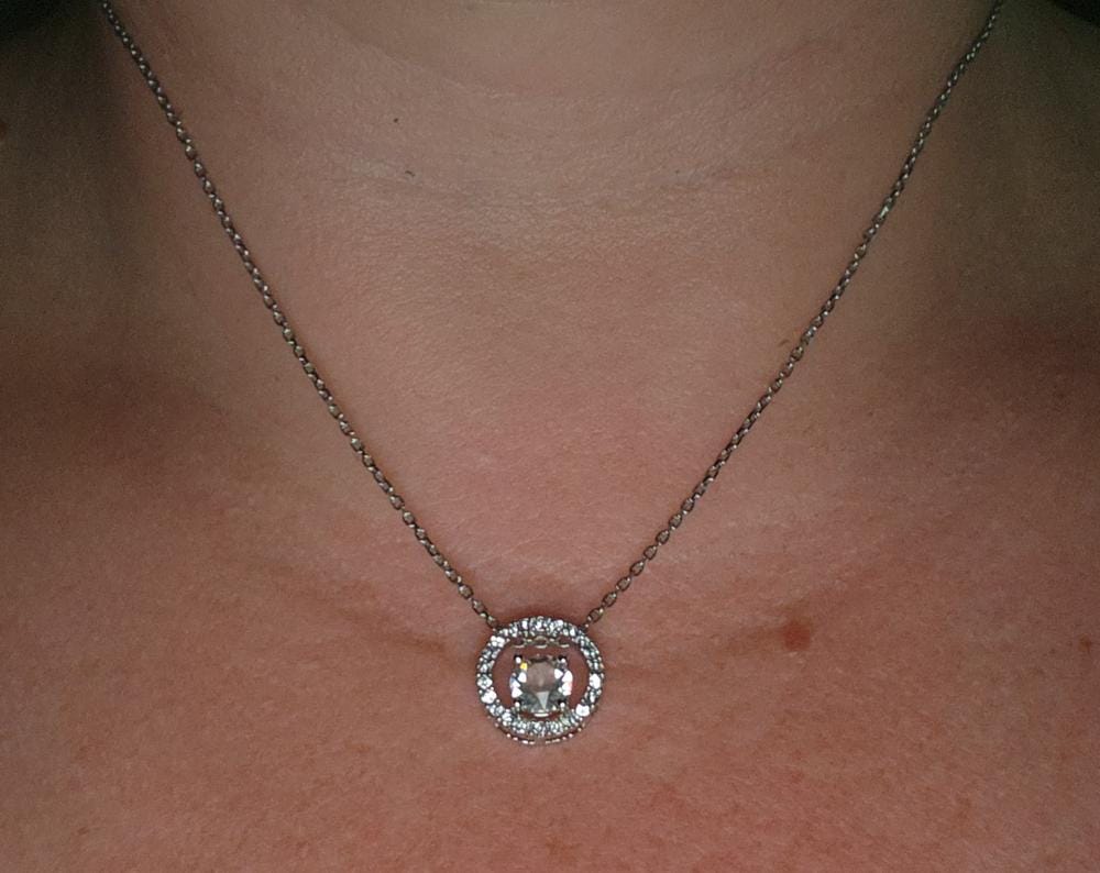 Customer photo review of Reign 18k White Gold Plated Halo Necklace with Swarovski Crystals