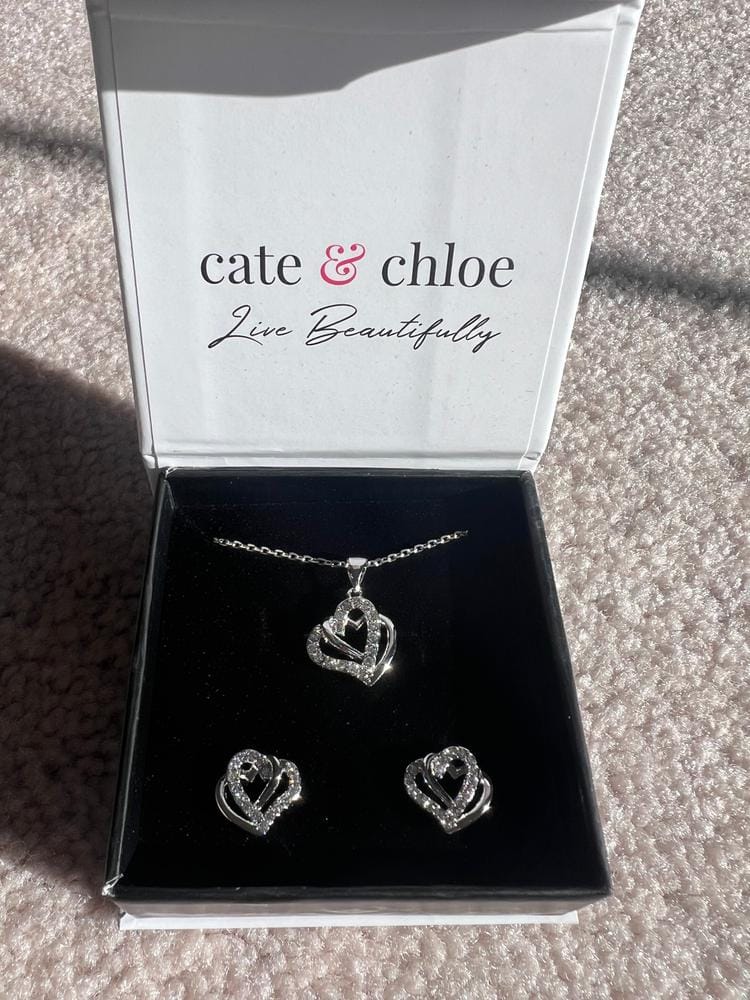 Customer photo review of Angela 18k White Gold Plated Double Heart Stud Earrings and Necklace Set with Swarovski Crystals