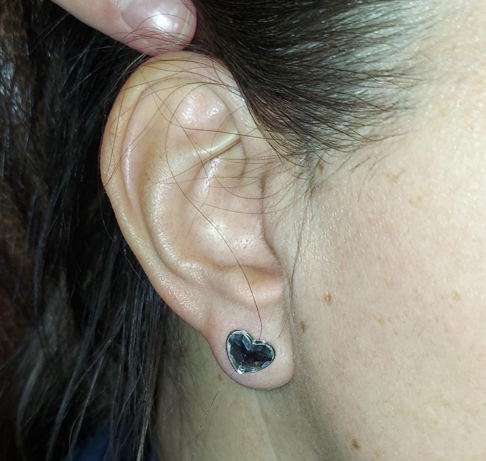 Customer photo review of Violet 18k White Gold Plated Heart Stud Earrings with Swarovski Crystals - Final Sale