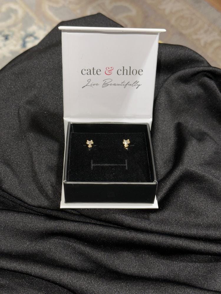 Customer photo review of Clara 18k Gold Plated Stud Earrings with Solitaire Round Cut Swarovski Crystal — Final Sale