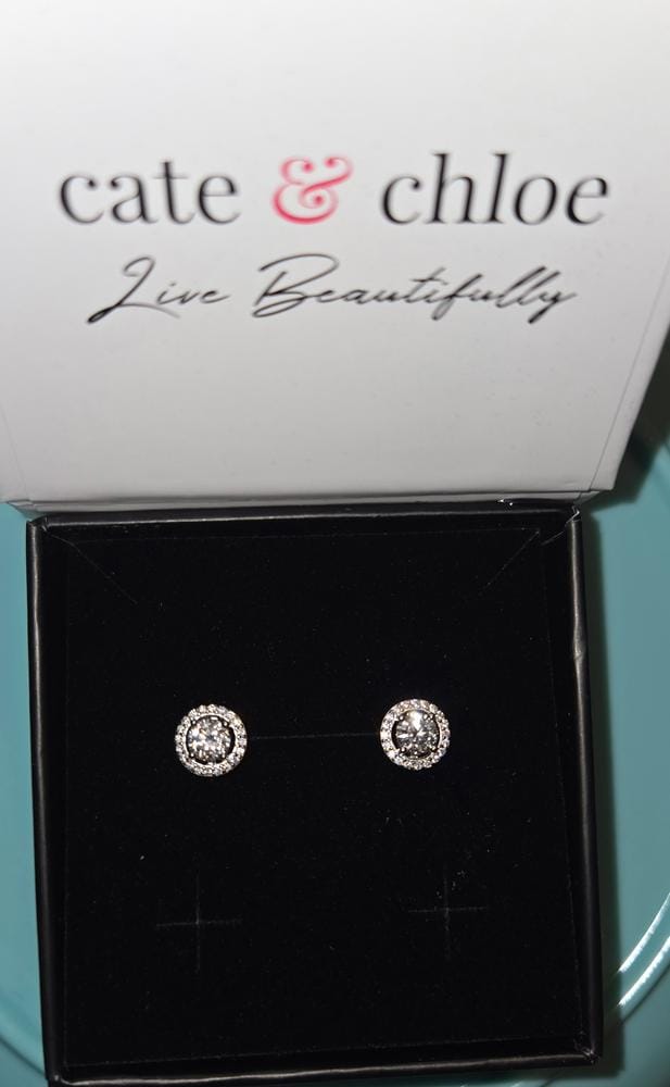 Customer photo review of Ariel 18k White Gold Plated Halo Stud Earrings with Simulated Diamond Crystals