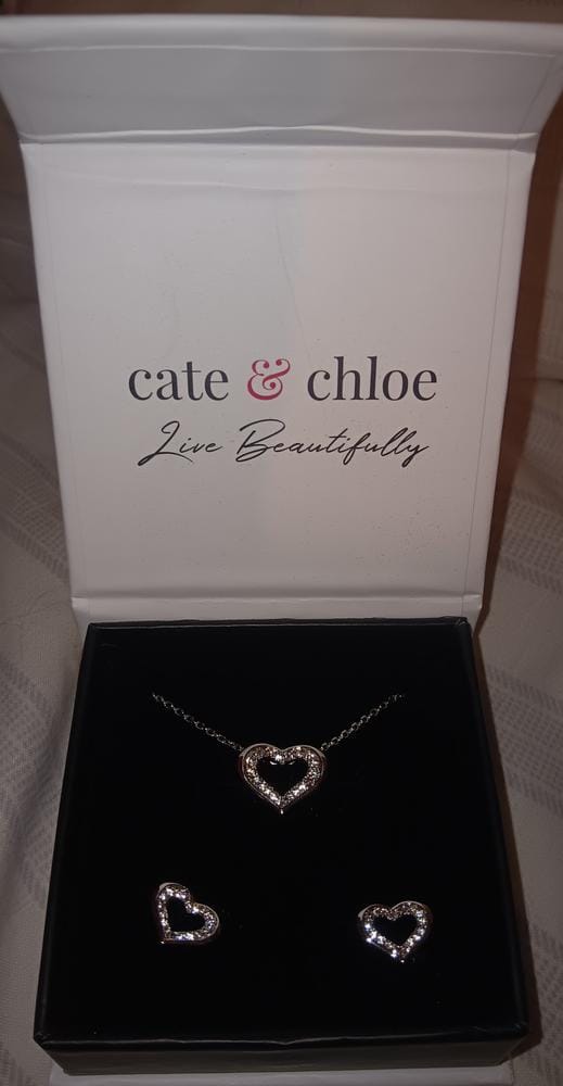 Customer photo review of Dominique 18k White Gold Plated Silver Heart Necklace and Earring Set with Swarovski Crystals