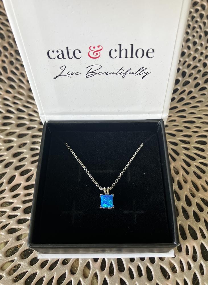 Customer photo review of Amphitrite 18k White Gold Plated Pendant Necklace with Princess Cut Opal Stone