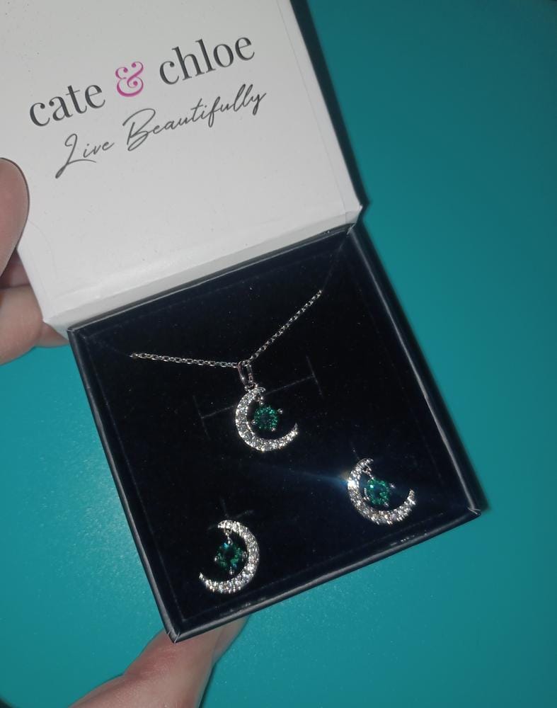Customer photo review of Luna Birthstone Necklace 18k White Gold Plated Crescent Pendant Necklace with Round Cut Swarovski Crystals
