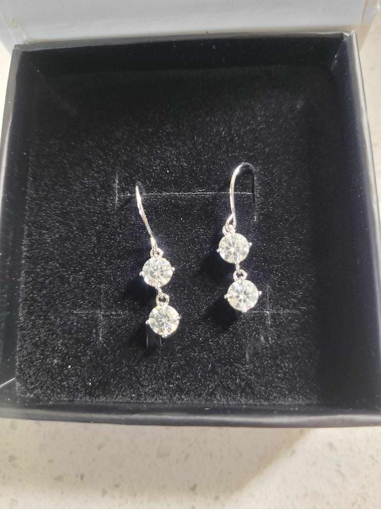 Customer photo review of Moissanite by Cate & Chloe Talia 18k Gold Plated 925 Sterling Silver Dangle Earrings 2.0tcw
