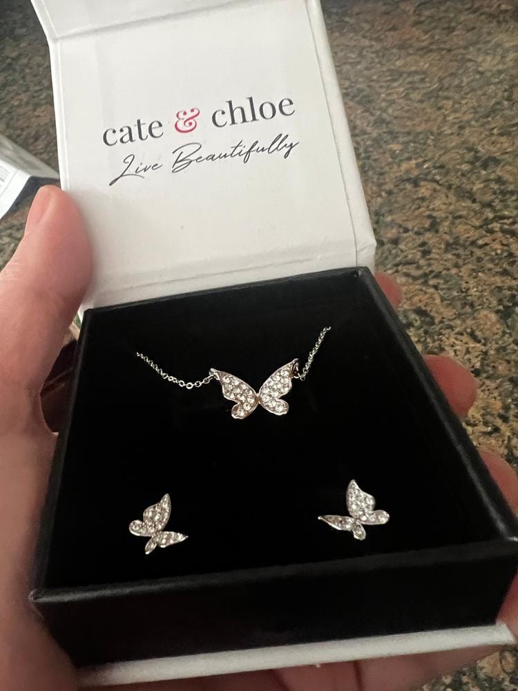 Customer photo review of Yuenen 18k White Gold Plated Silver Butterfly Necklace and Earring Set with Swarovski Crystals