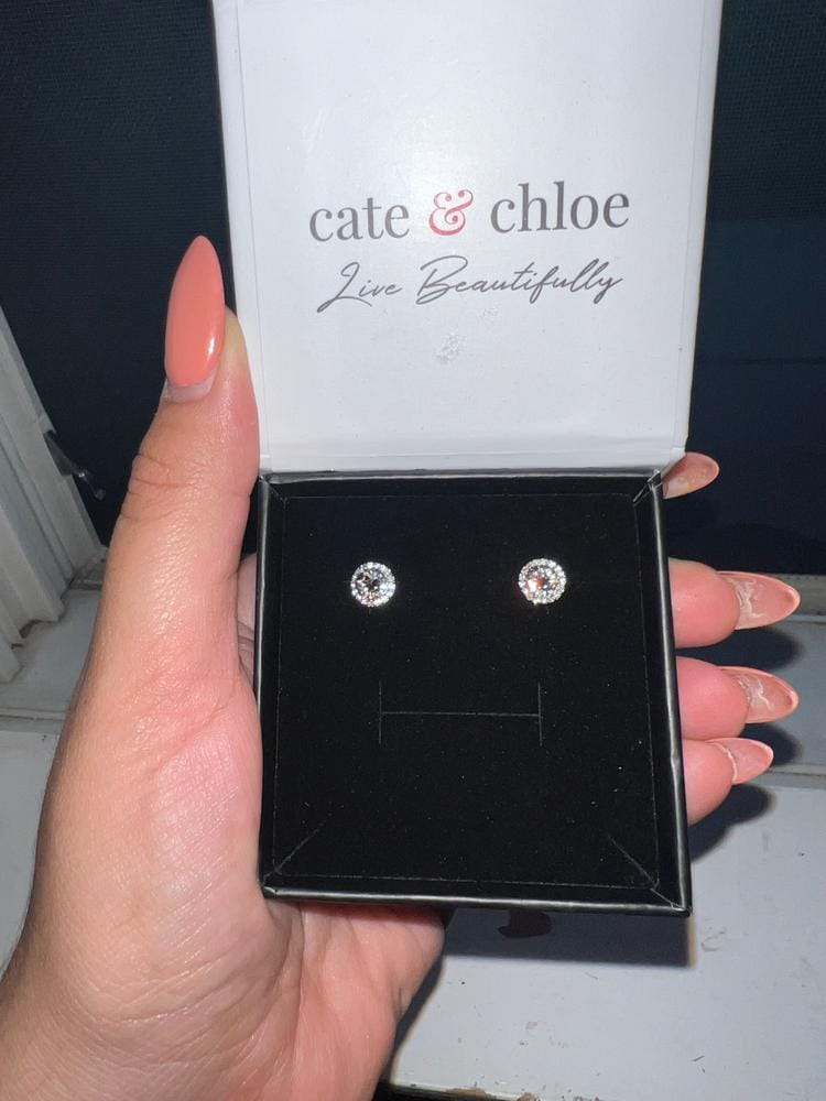 Customer photo review of Royal Birthstone 18k White Gold Plated Halo Stud Earrings with Round Cut Swarovski Crystals