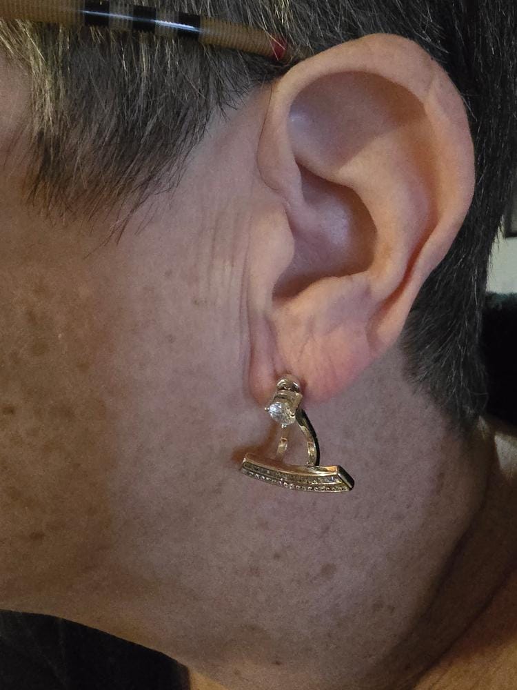 Customer photo review of Adelyn 18k Gold Plated Sideways Hoop Earrings with Simulated Diamond Crystals — Final Sale