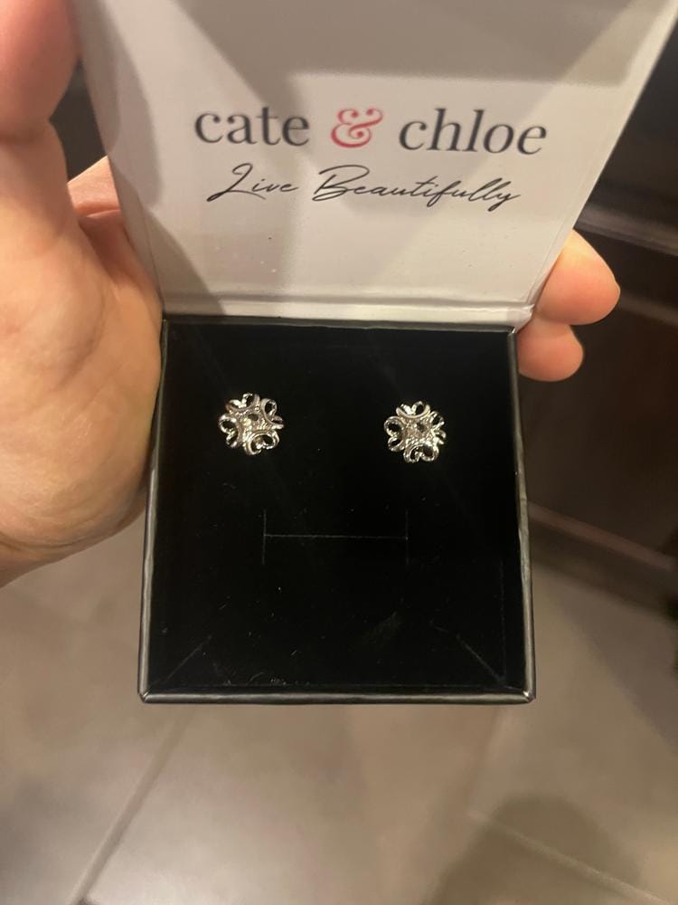 Customer photo review of Alexis 18k White Gold Plated Flower Stud Earrings with Swarovski Crystals