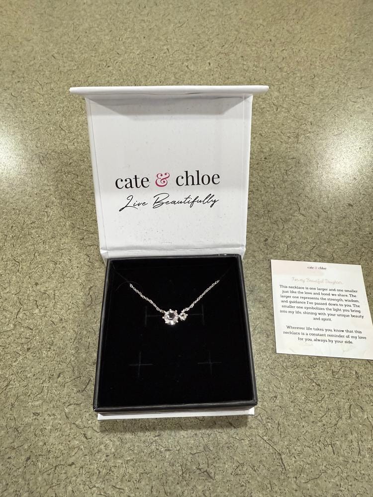 Customer photo review of Emma 18k White Gold Plated 2-Stone Pendant Necklace with Swarovski Crystals & Heartfelt Message for Daughter