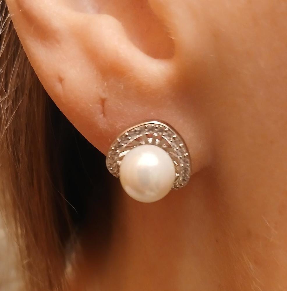 Customer photo review of Nina 18k White Gold Plated Pearl Halo Stud Earrings with Swarovski Crystals