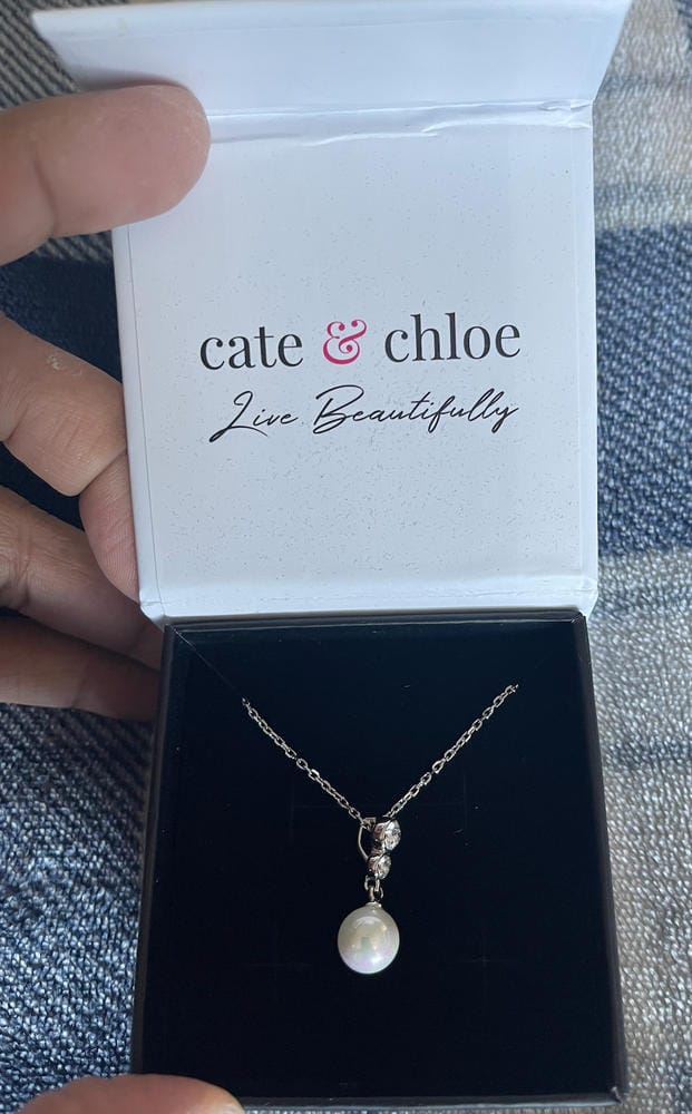 Customer photo review of Genevieve 18k White Gold Plated Pearl Pendant Necklace with Swarovski Crystals