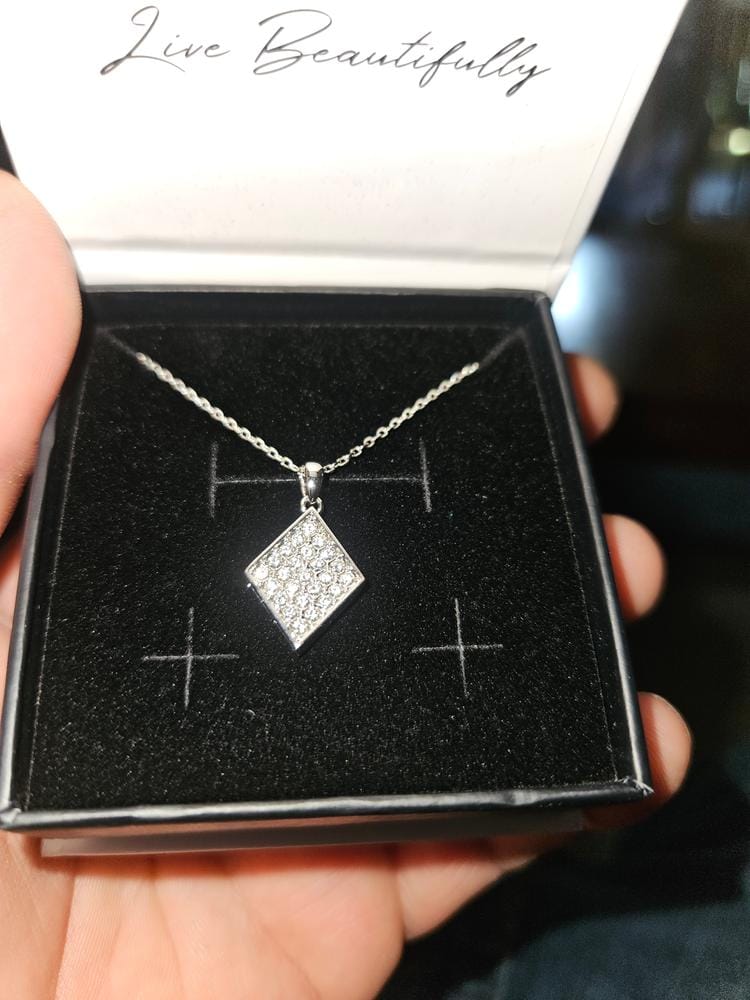 Customer photo review of Lennon 18k White Gold Diamond Shaped Pendant Necklace with Swarovski Crystals
