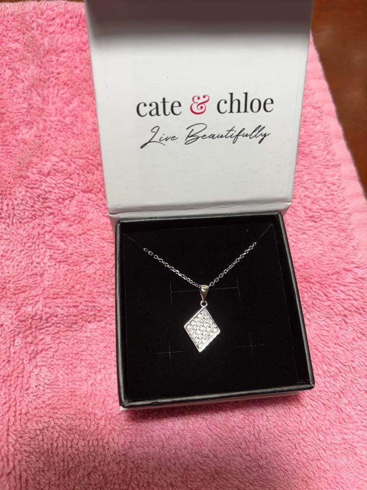 Customer photo review of Lennon 18k White Gold Diamond Shaped Pendant Necklace with Swarovski Crystals