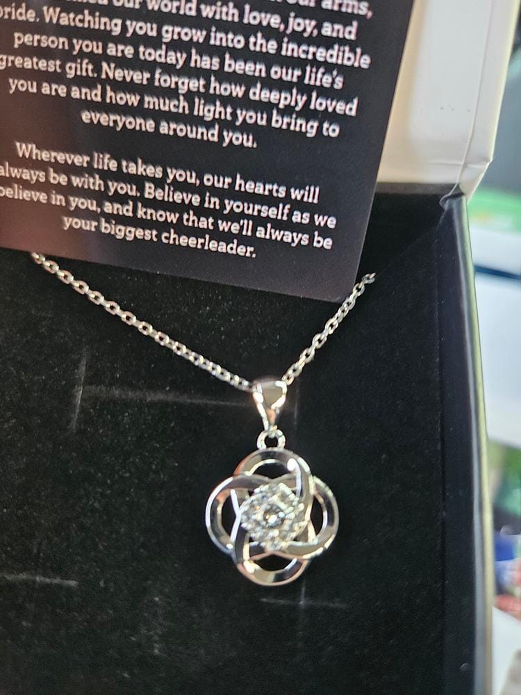 Customer photo review of Nyssa 18k White Gold Plated Flower Pendant Necklace with Swarovski Crystals & Heartfelt Message for Daughter
