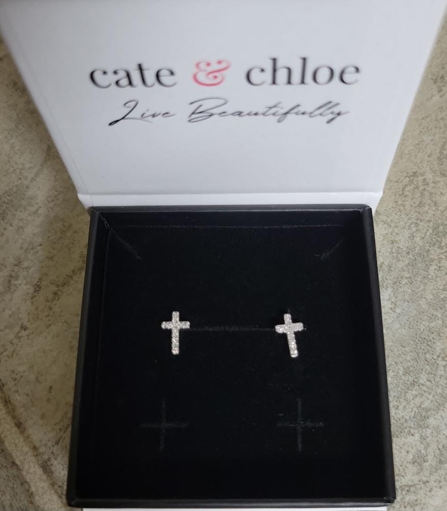 Customer photo review of Nayeli 18k White Gold Plated Silver Cross Stud Earrings with Swarovski Crystals