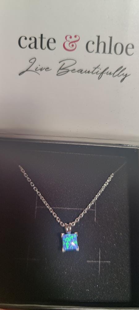 Customer photo review of Amphitrite 18k White Gold Plated Pendant Necklace with Princess Cut Opal Stone