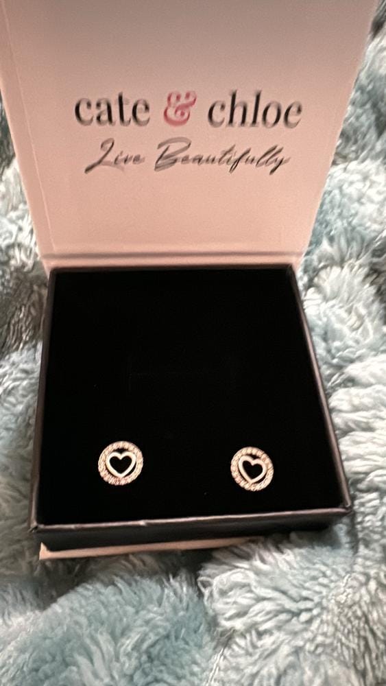 Customer photo review of Khaleesi 18k White Gold Plated Silver Heart Stud Earrings with Swarovski Crystals