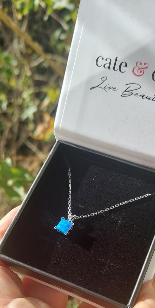 Customer photo review of Amphitrite 18k White Gold Plated Pendant Necklace with Princess Cut Opal Stone