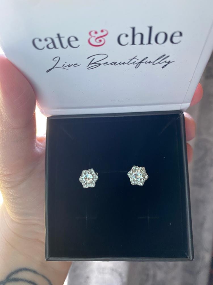Customer photo review of Poppy 18k White Gold Plated Stud Earrings with Simulated Diamond Crystals