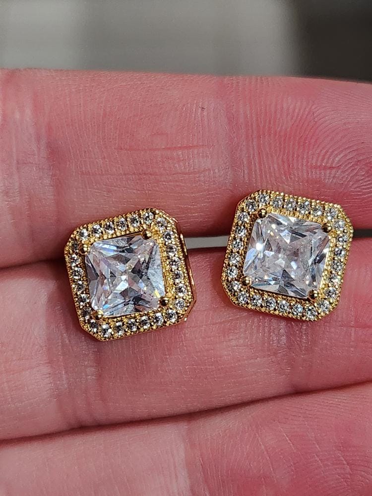 Customer photo review of Norah 18k White Gold Plated Princess Cut Halo Stud Earrings with Simulated Diamond Crystals