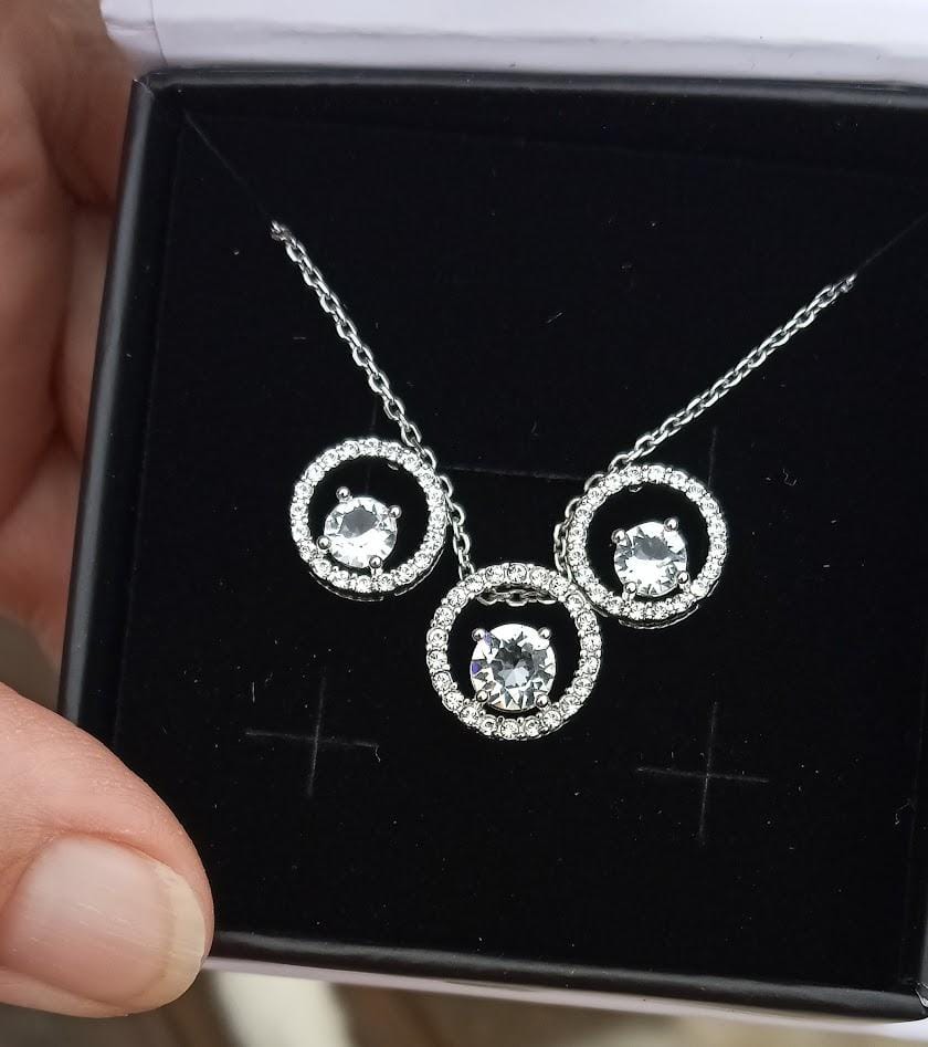 Customer photo review of Reign 18k White Gold Plated Halo Drop Stud Earrings with Swarovski Crystals