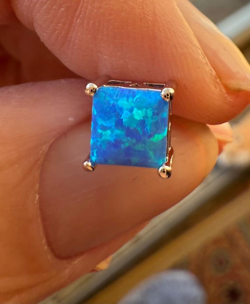Customer photo review of Amphitrite 18k White Gold Plated Stud Earrings with Princess Cut Opal Stones