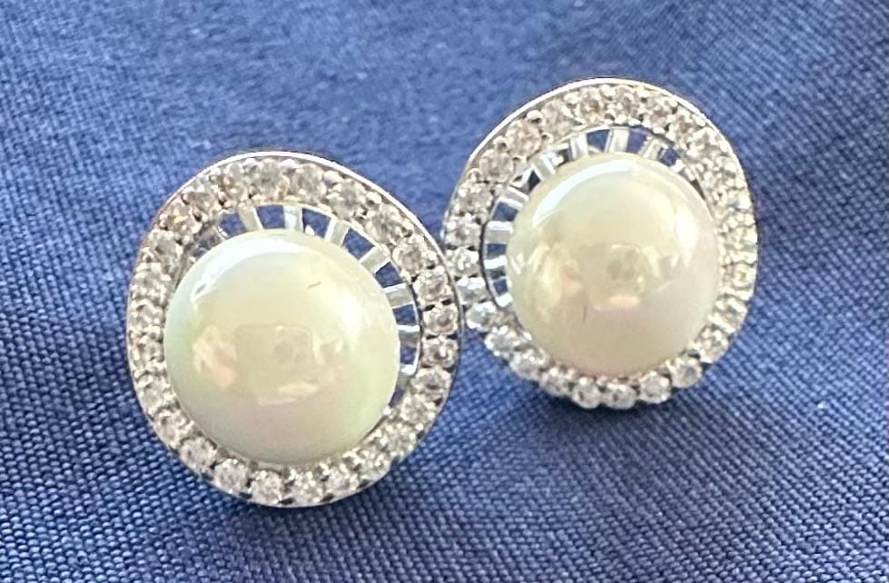 Customer photo review of Nina 18k White Gold Plated Pearl Halo Stud Earrings with Swarovski Crystals