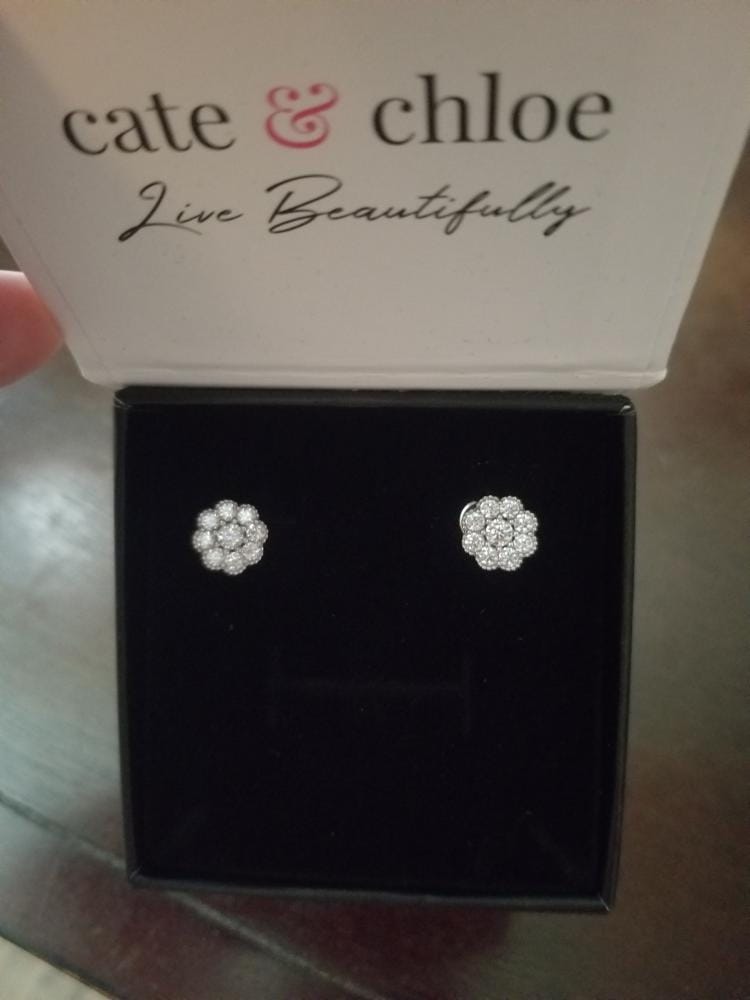 Customer photo review of Alyssa 18k White Gold Plated Flower Stud Earrings with Simulated Diamond Crystals