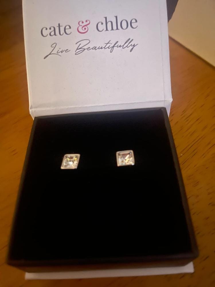 Customer photo review of Brooke 18k White Gold Plated Stud Earrings with Princess Cut Swarovski Crystals