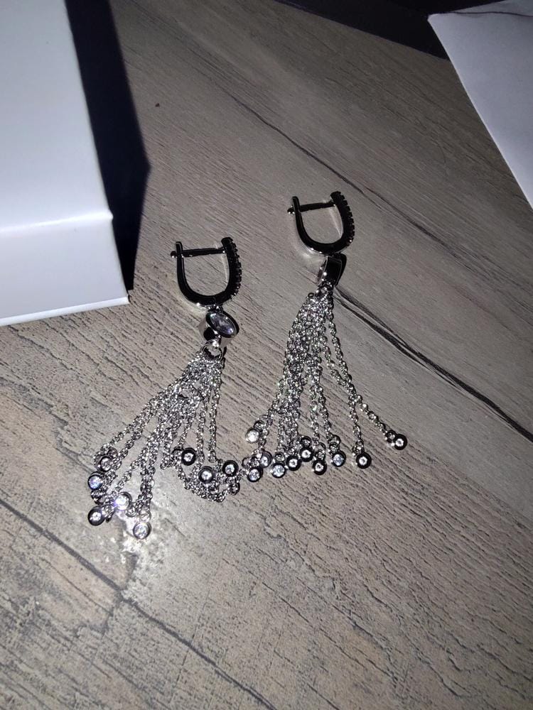 Customer photo review of Jackie 18k White Gold Plated Dangle Tassel Earrings with Simulated Diamond Crystals
