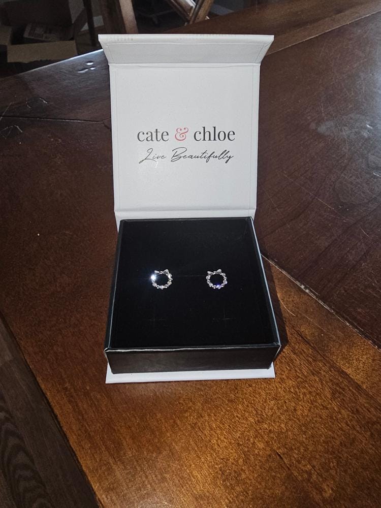 Customer photo review of Edith 18k White Gold Plated Silver Ribbon Stud Earrings with Swarovski Crystals