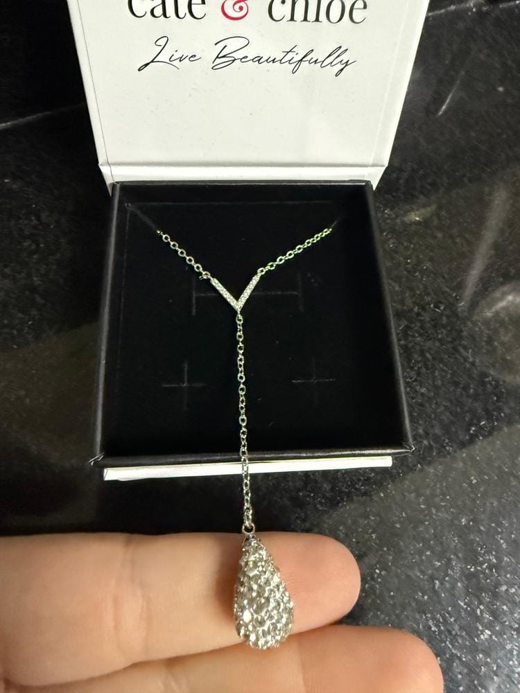 Customer photo review of Ava 18k White Gold Plated Tear drop Y-Necklace with Simulated Diamond Crystals - Final Sale