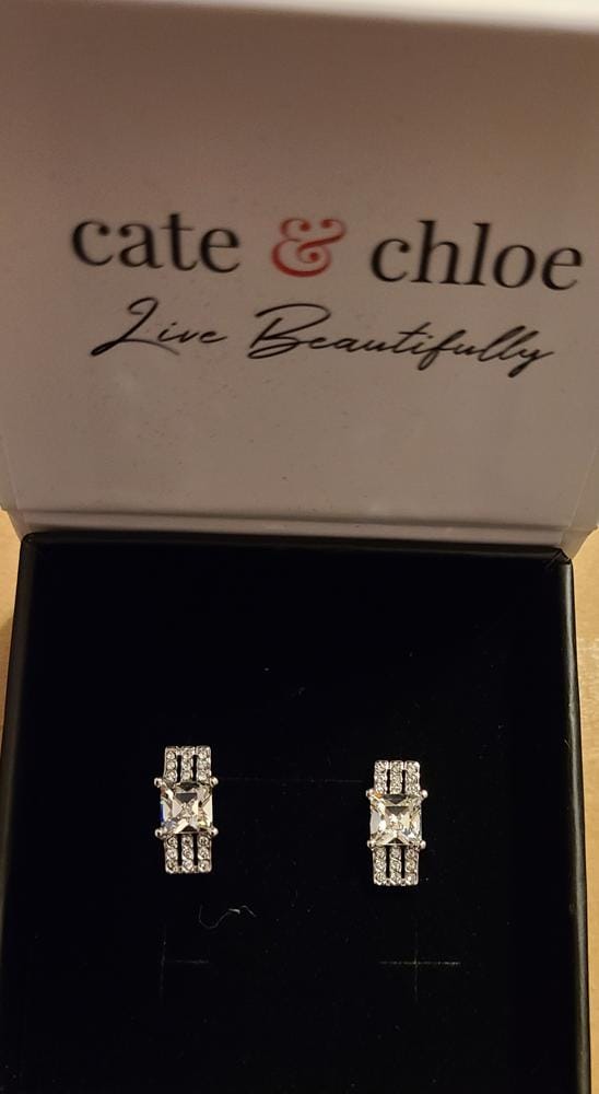 Customer photo review of Fiona 18k White Gold Stud Plated Earrings with Princess Cut Swarovski Crystals
