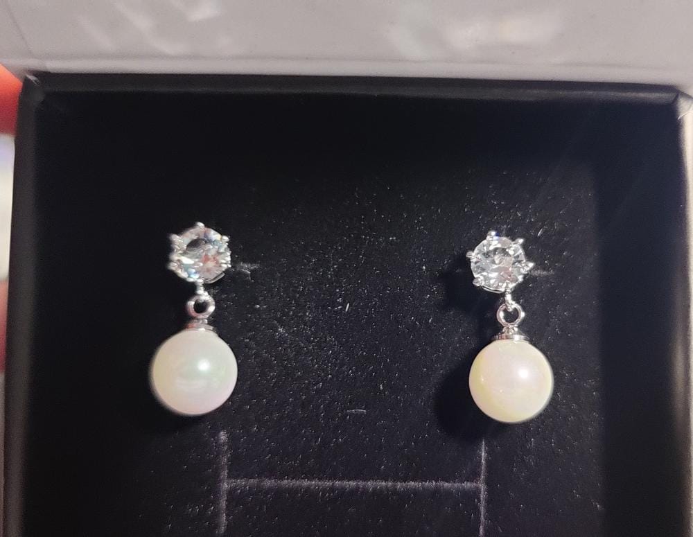 Customer photo review of Kyra 18k White Gold Plated Pearl Drop Earrings with Swarovski Crystals