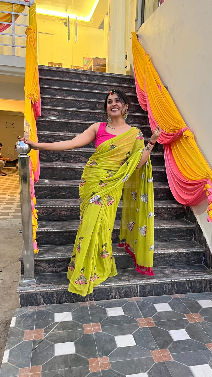 Customer photo review of Green Embroidery Mulmul Cotton Saree