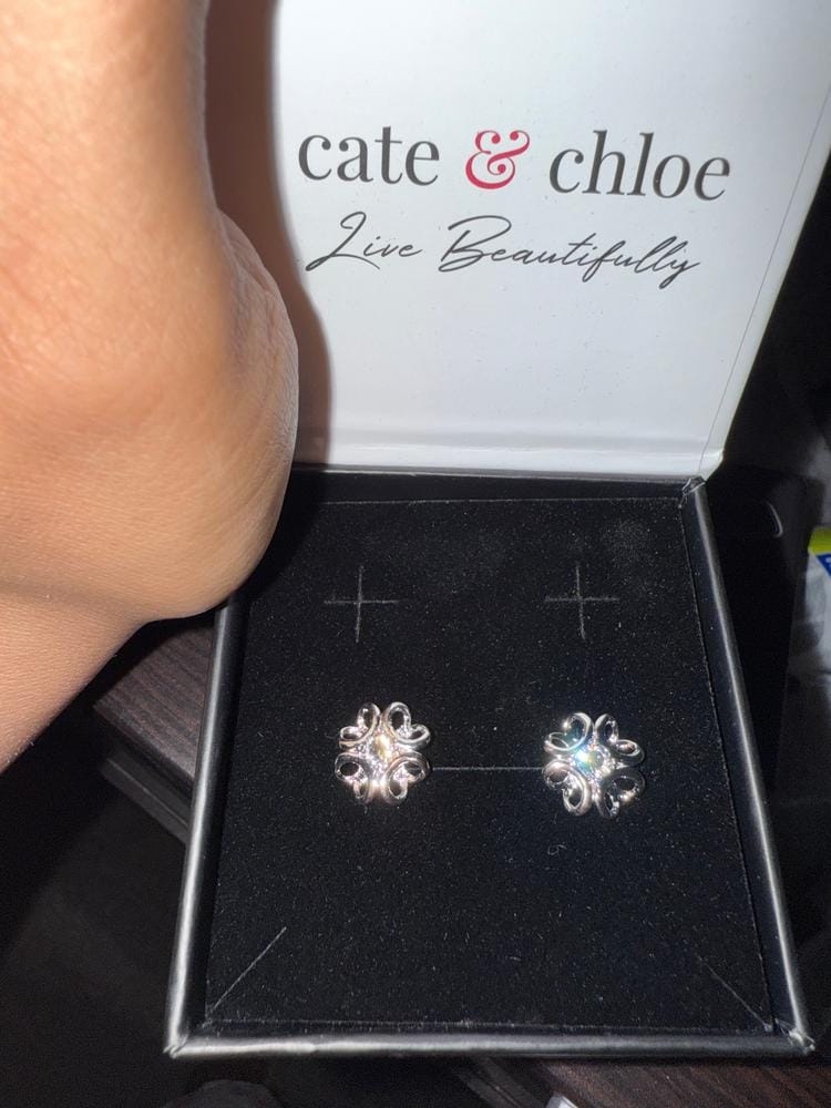 Customer photo review of Alexis 18k White Gold Plated Flower Stud Earrings with Swarovski Crystals