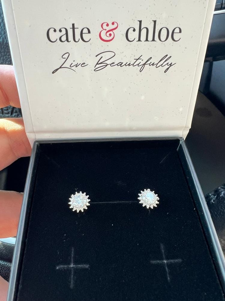 Customer photo review of Moissanite by Cate & Chloe Starla 18k Gold Plated 925 Sterling Silver Stud Earrings 1.14tcw
