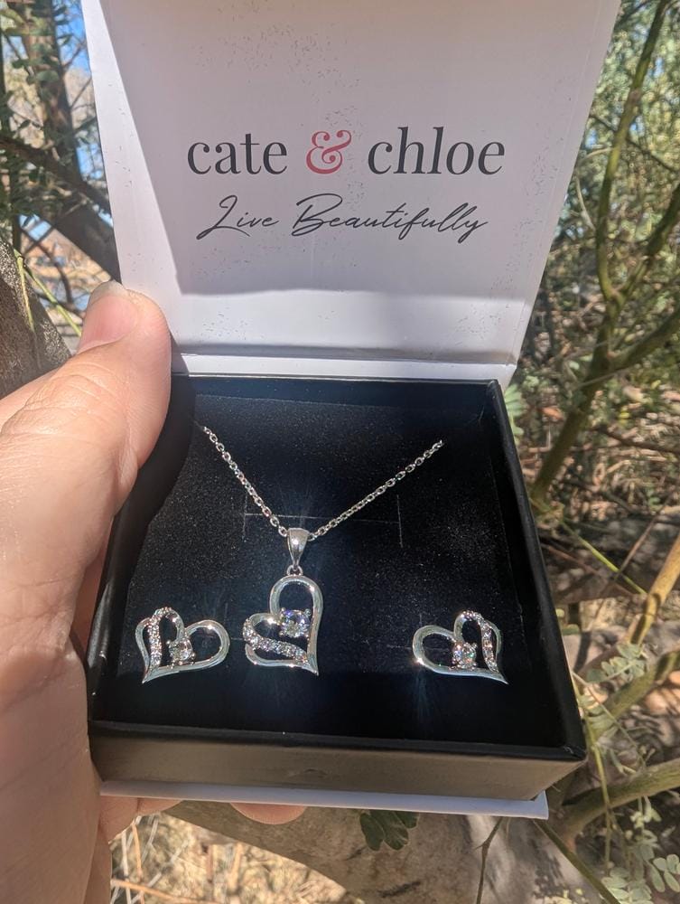 Customer photo review of Kara 18k White Gold Plated Silver Heart Necklace and Earring Set with Swarovski Crystals