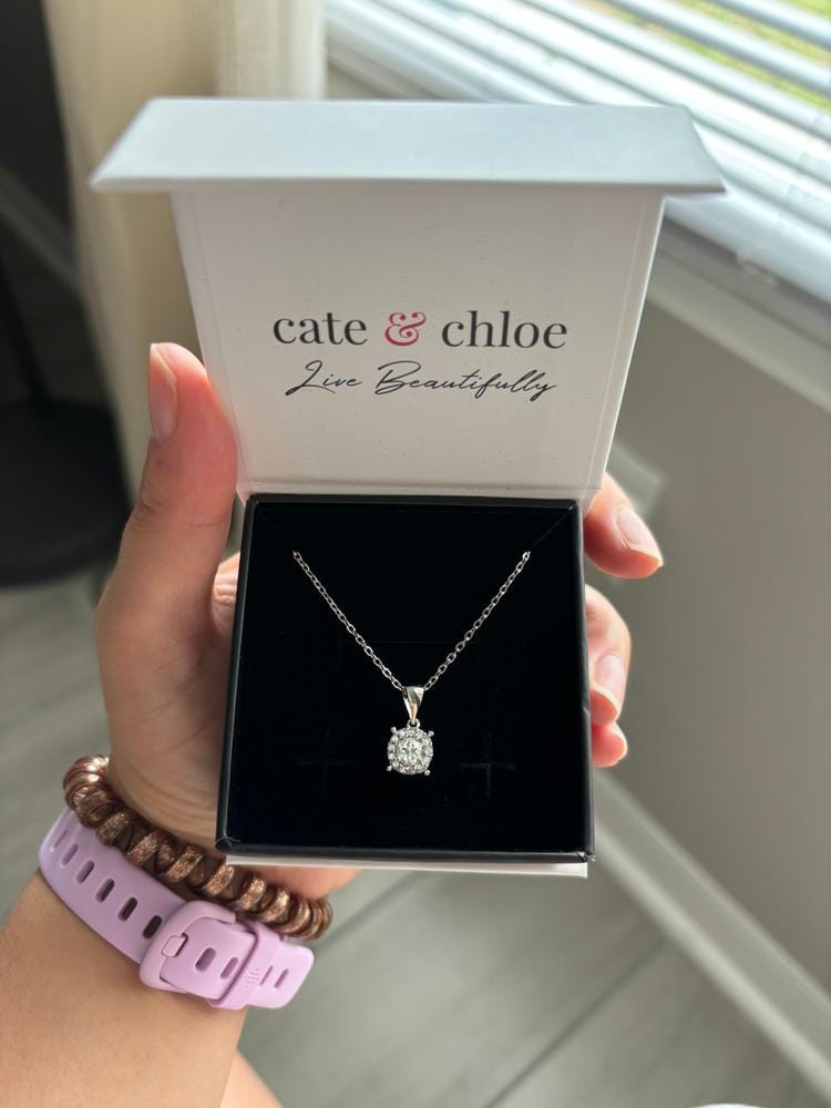 Customer photo review of Raylee 18k White Gold Plated Halo Pendant Necklace with Swarovski Crystals