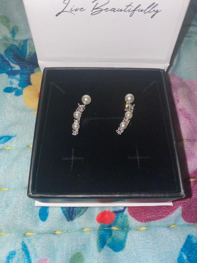 Customer photo review of Juniper 18k White Gold Wrap Earrings White Beads with Swarovski Crystals — Final Sale
