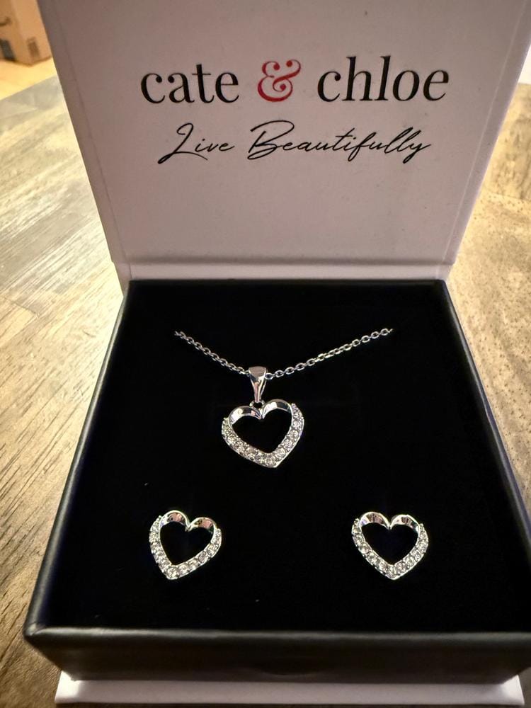 Customer photo review of Chelsea 18k White Gold Plated Silver Heart Necklace and Earring Set with Swarovski Crystals