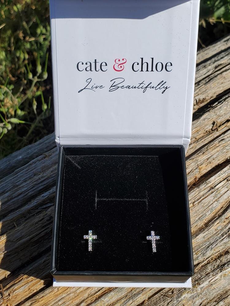 Customer photo review of Nayeli 18k White Gold Plated Silver Cross Stud Earrings with Swarovski Crystals