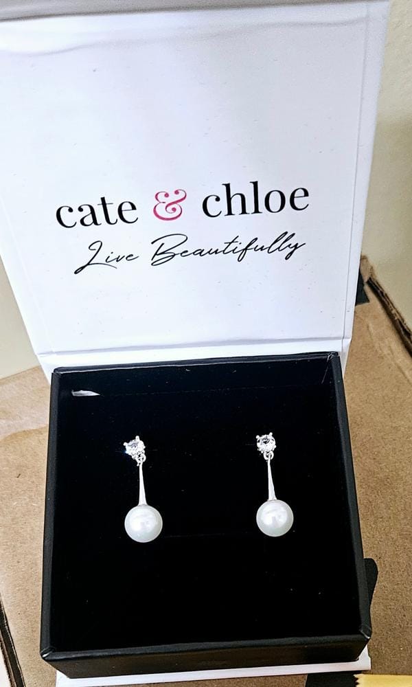 Customer photo review of Tatum 18k White Gold Plated Pearl Dangling Stud Earrings with Swarovski Crystal