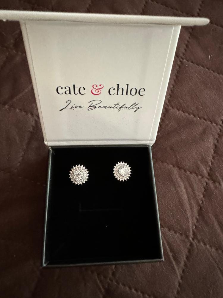 Customer photo review of Cordelia 18k White Gold Plated Stud Earrings with Round Cut Simulated Diamond Crystals - Final Sale
