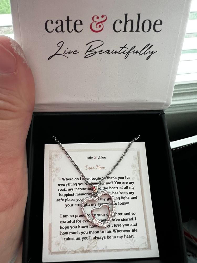 Customer photo review of Amorette 18k White Gold Plated Double Heart Pendant Necklace with Simulated Diamond Crystals & Heartfelt Message for Mom