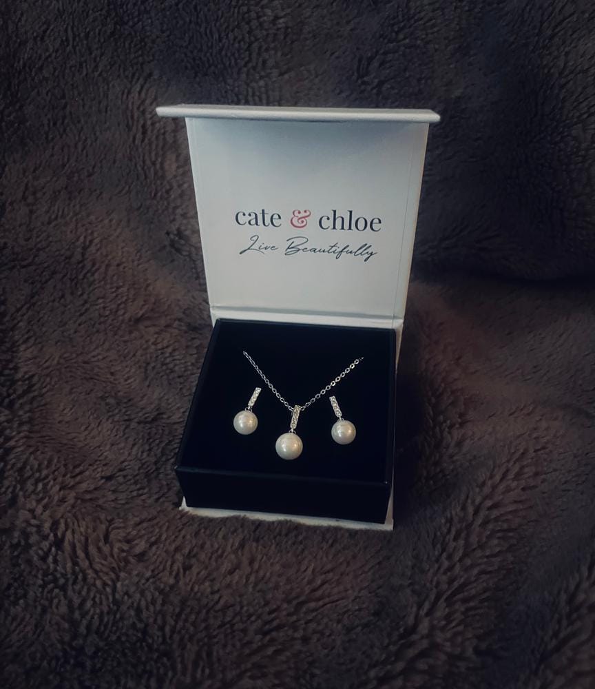 Customer photo review of Gabrielle 18k White Gold Plated Pearl Drop Earrings with Swarovski Crystals